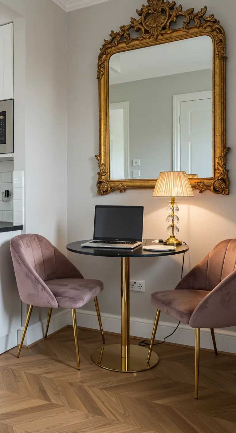 A small black bistro table with dusty pink velvet chairs and a large ornate gold mirror.