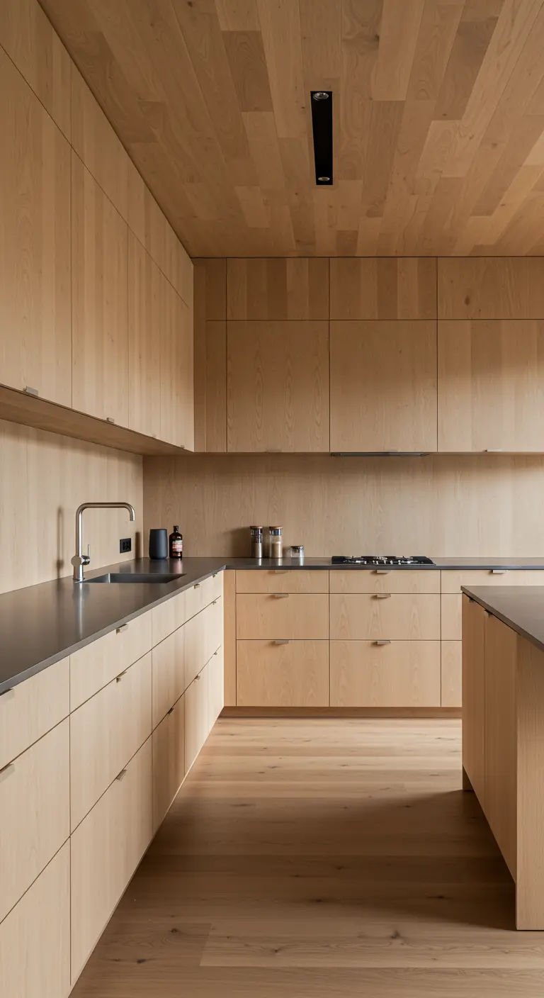 A minimalist kitchen with seamless light wood cabinetry and floors, creating a cohesive look.