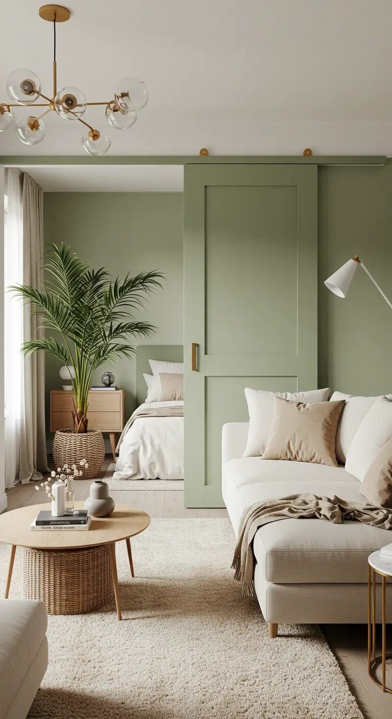 Serene living room with sage green walls and a matching sliding door.