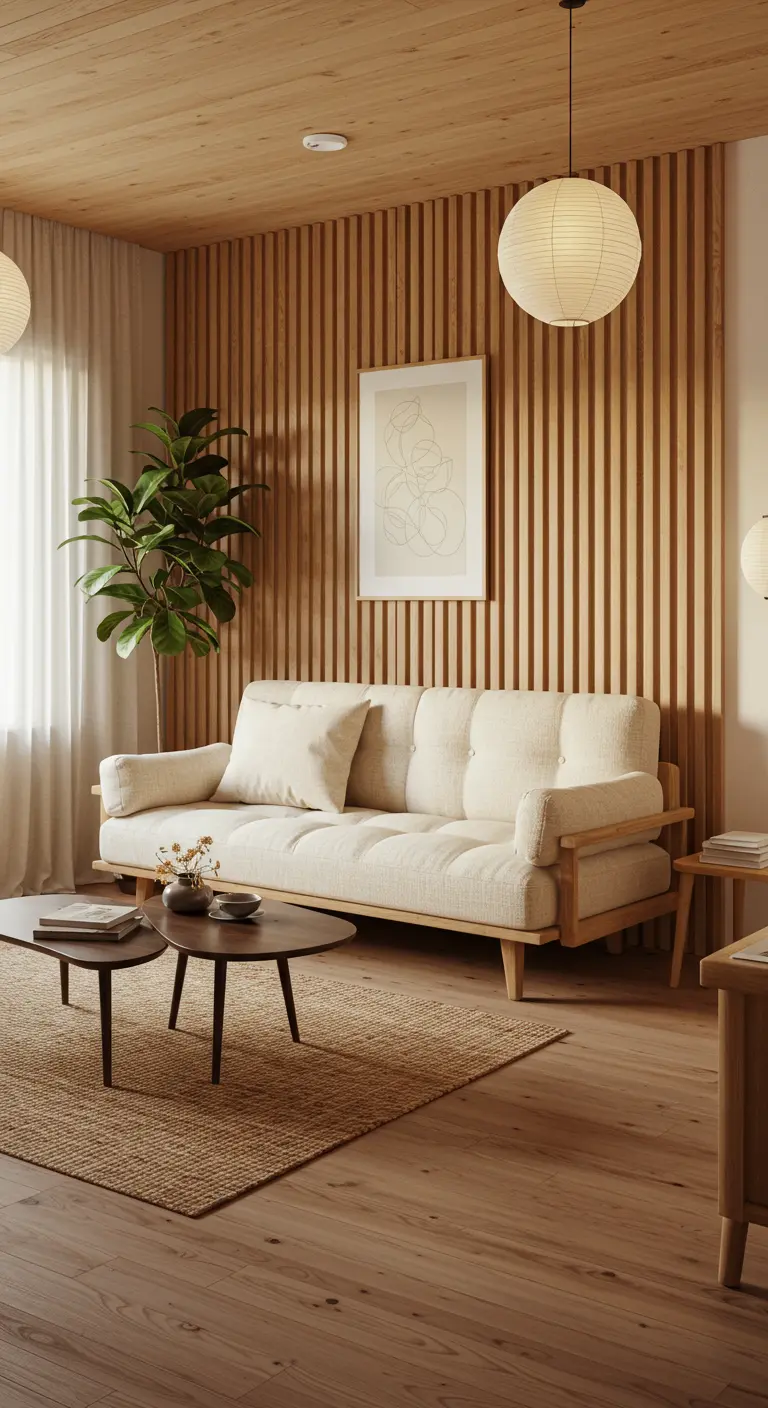 A Japandi-style living room with a wood slat accent wall and a cream-colored sofa.