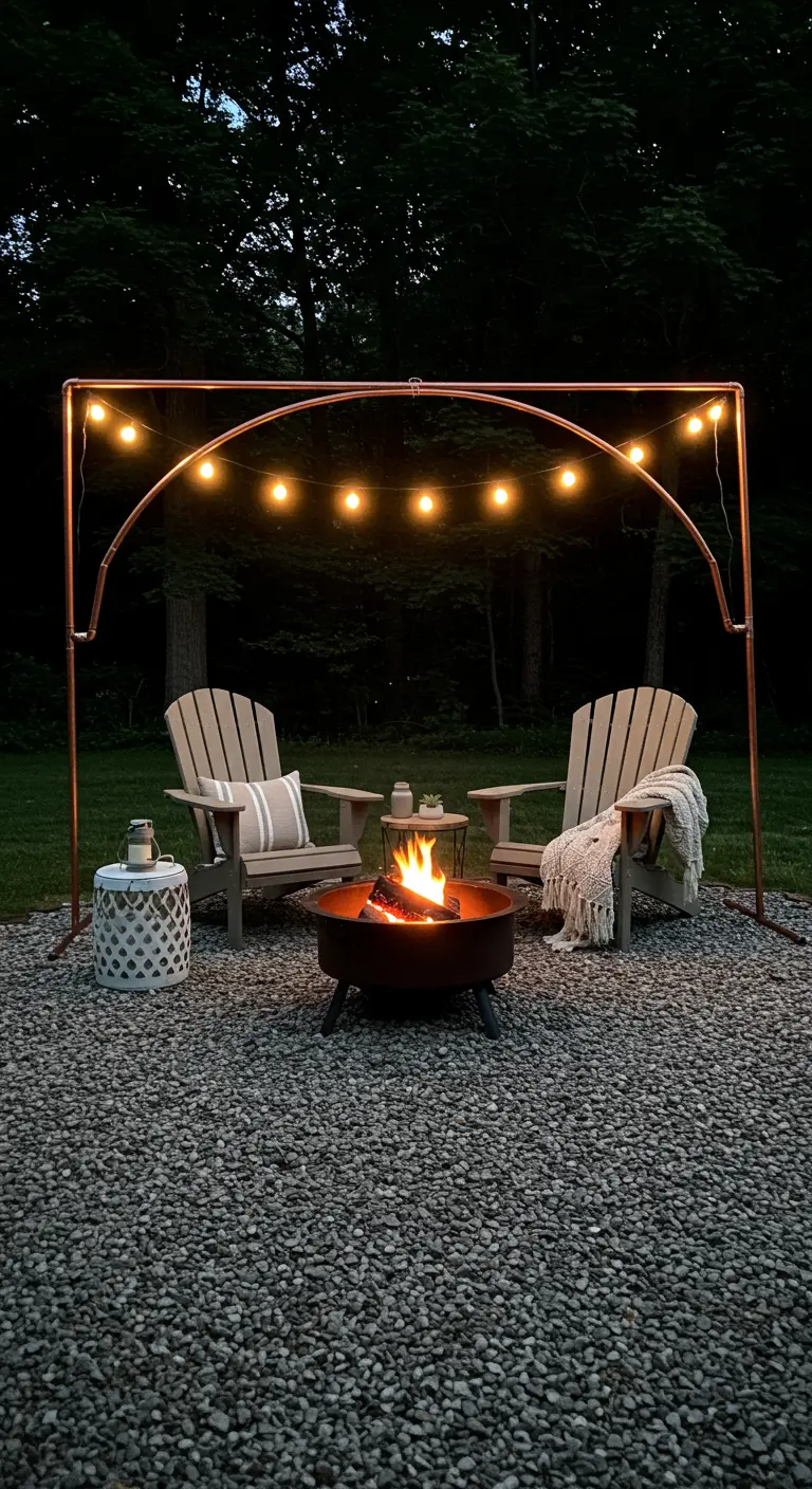 A large copper pipe arch with string lights over a fire pit and two Adirondack chairs.