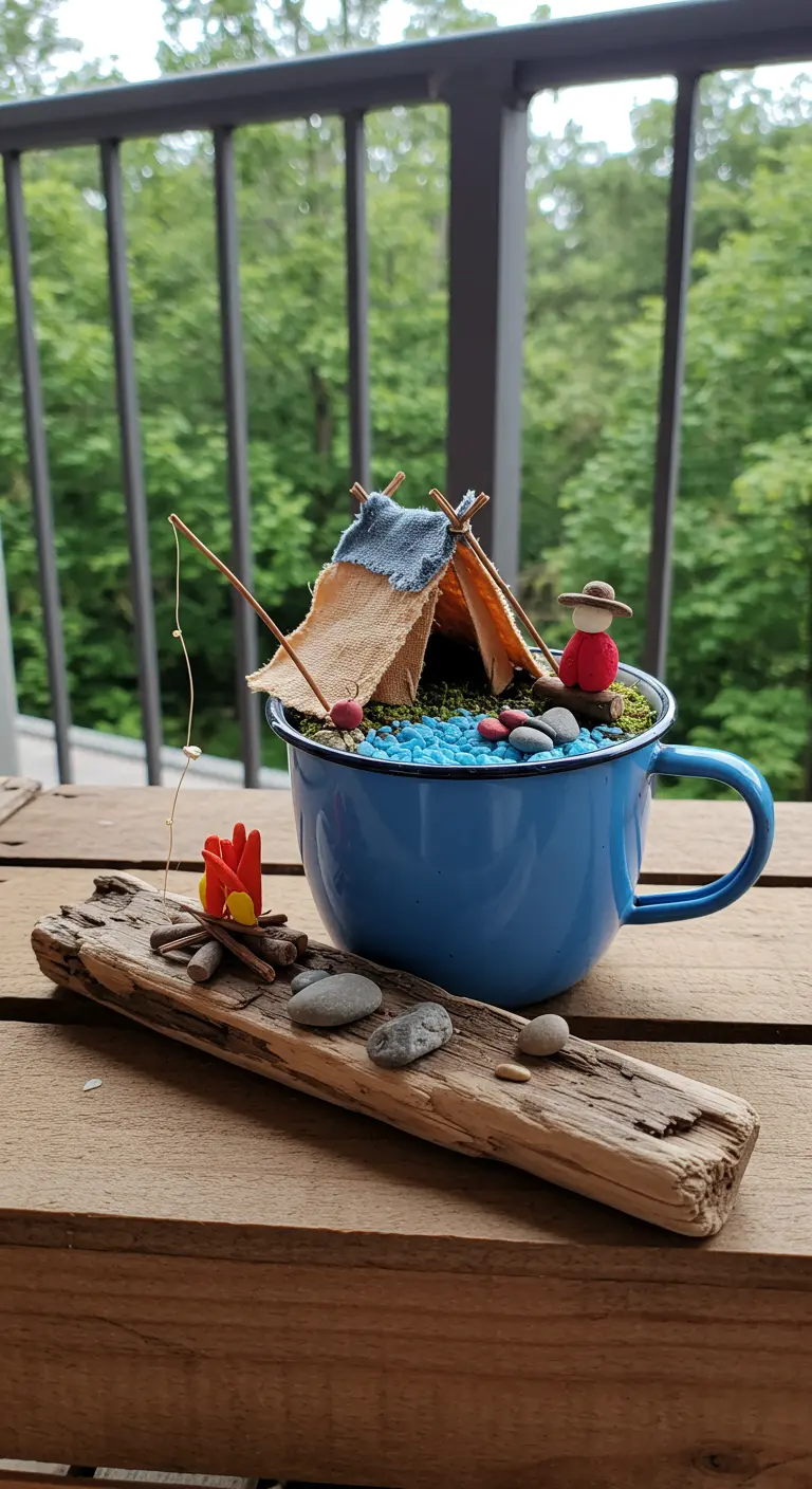 A blue enamel mug holds a miniature camping scene with a tent, figure, and tiny campfire.