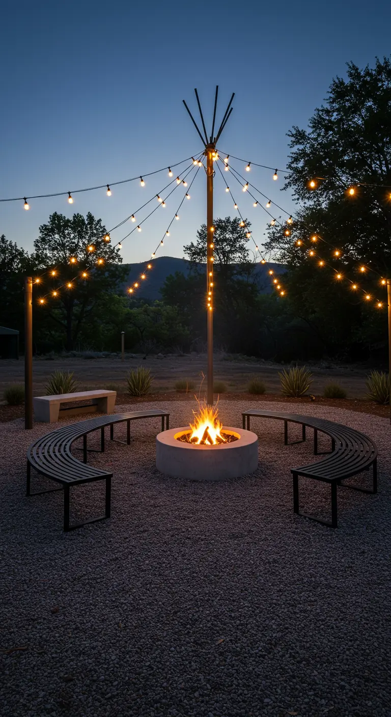 Curved black benches surrounding a round fire pit with string lights radiating from a central pole.
