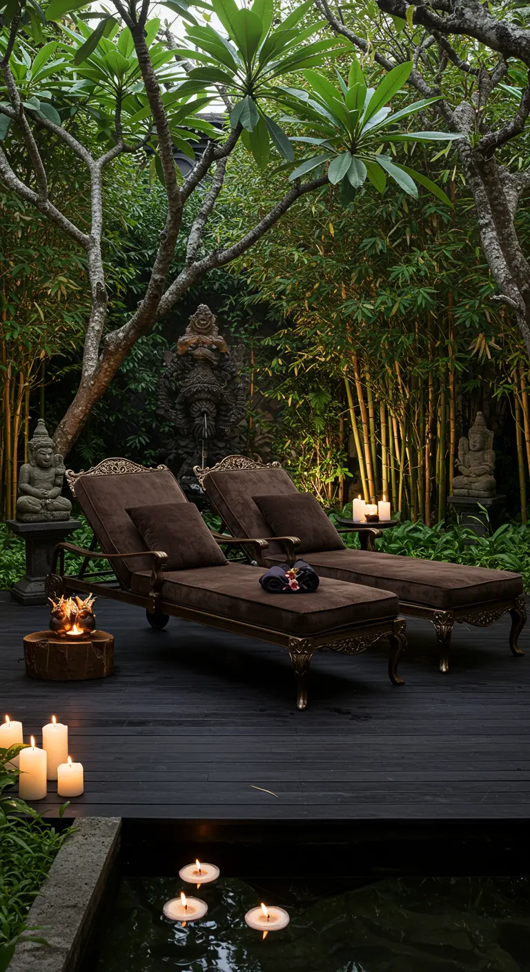 Dark brown chaises on a dark wood deck in a lush garden lit by many candles.