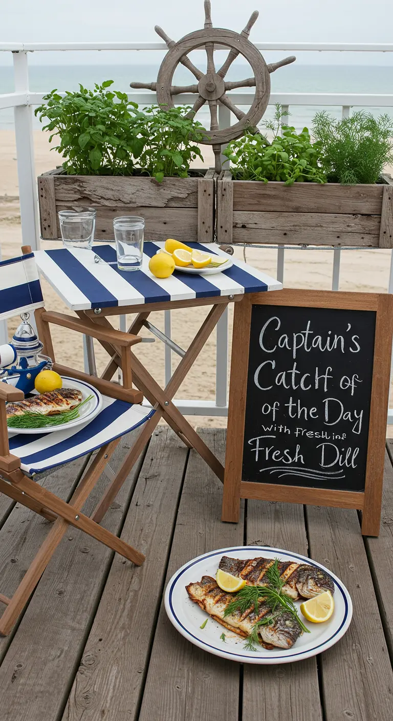 A nautical-themed deck with a ship's wheel, striped chairs, and a planter of fresh dill.