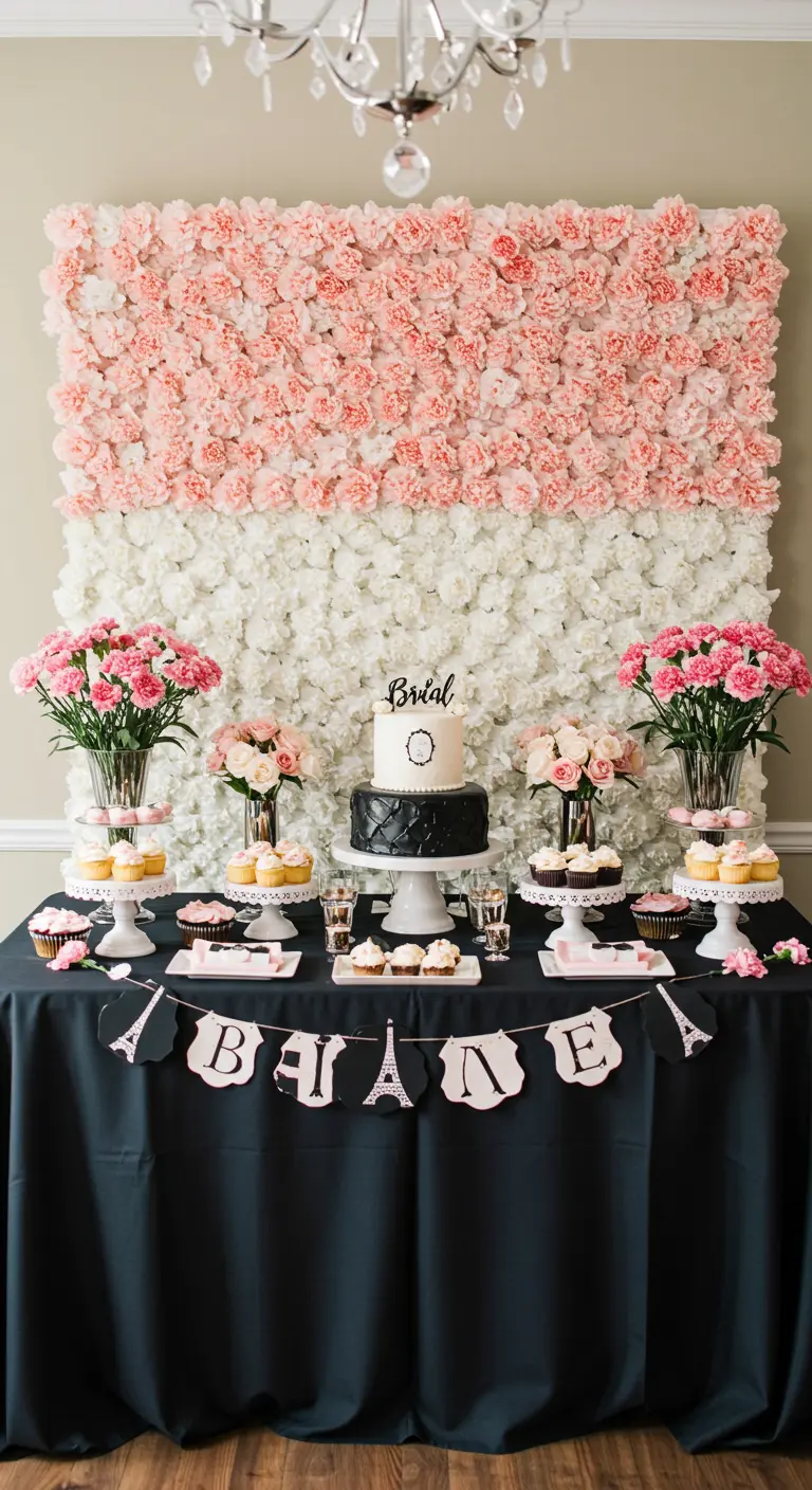 A flower wall made of pink and white carnations behind a bridal shower dessert table.