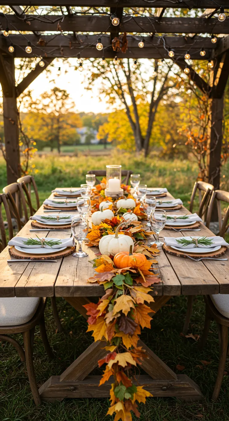 Outdoor autumn party table with a cascading leaf garland and white pumpkins.