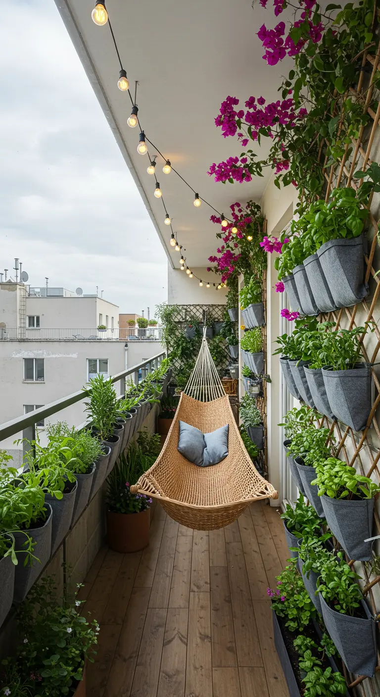 A long balcony overflowing with plants, including pink bougainvillea and a vertical felt pocket garden.