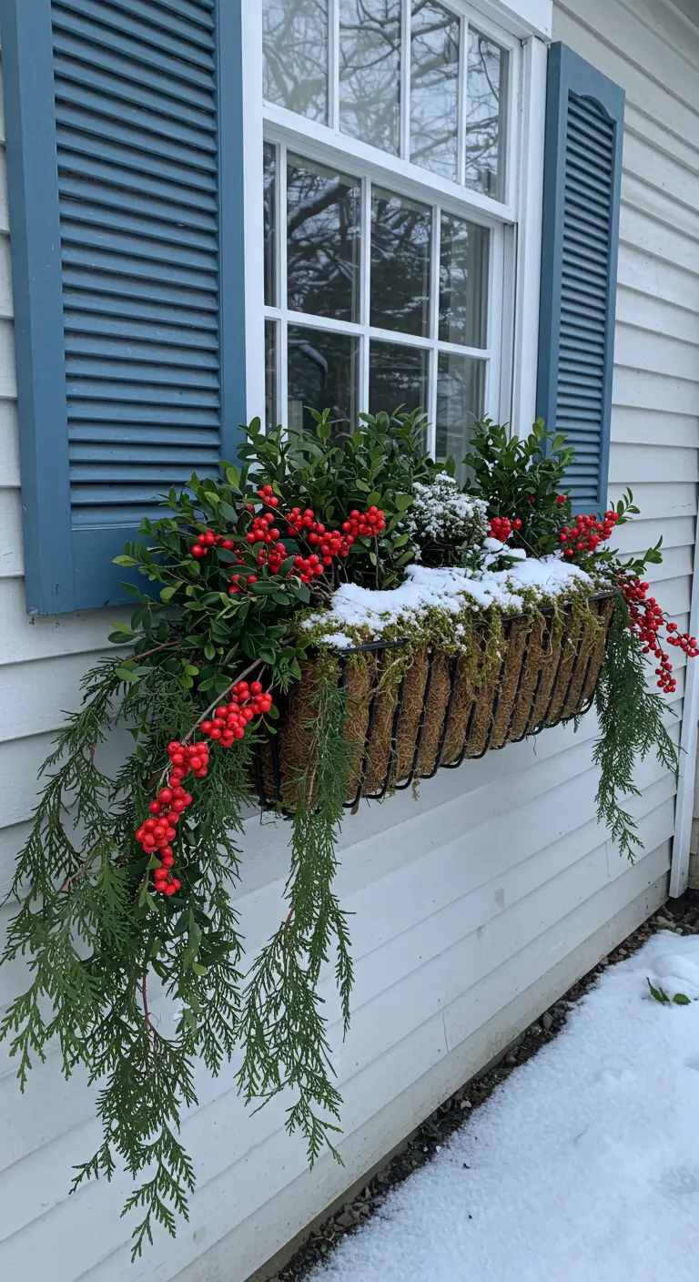 A window box overflowing with trailing cedar, boxwood, and bright red winterberries against a white house.