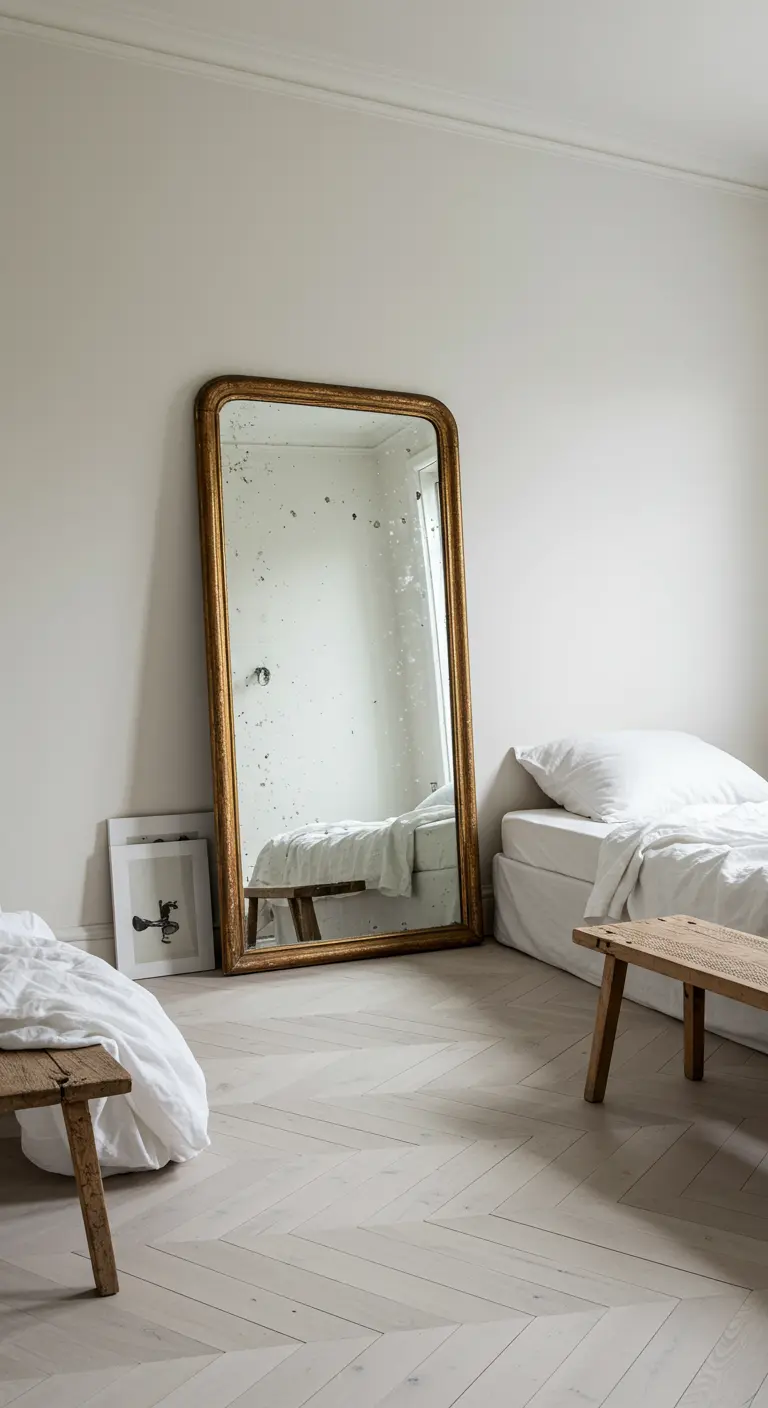 Minimalist bedroom with a large, antique gold mirror leaning against a white wall.