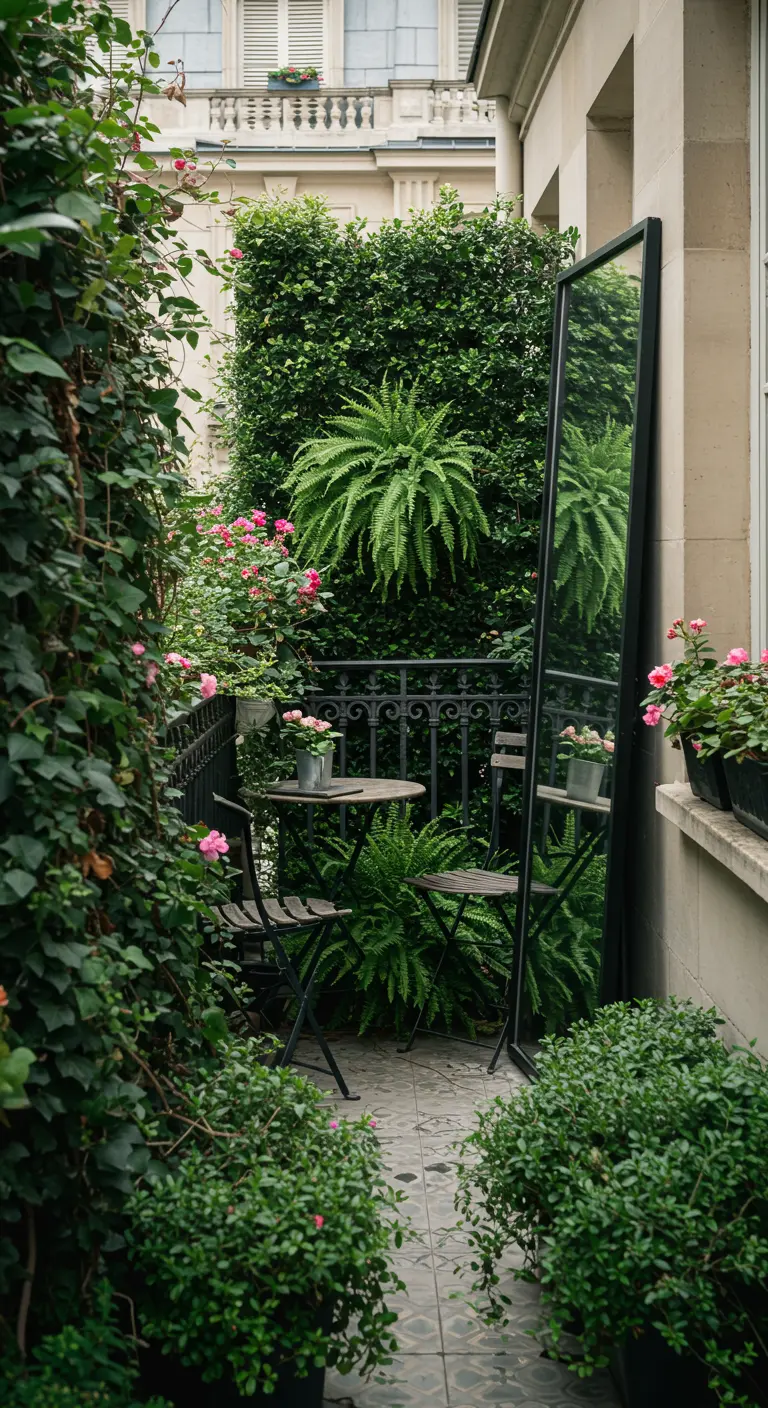 A tall, black-framed mirror leans against the wall of a small, charming Parisian balcony.