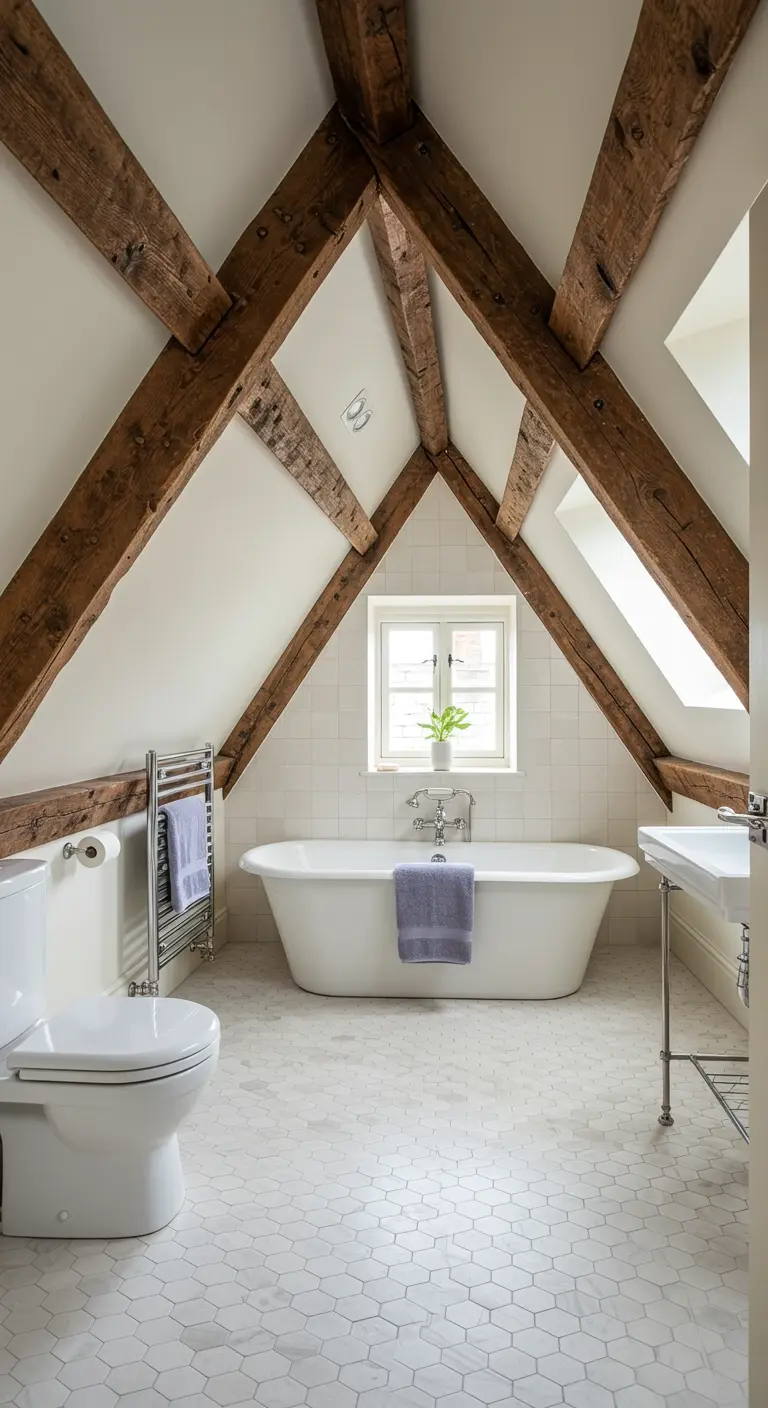 Attic bathroom with a high vaulted ceiling, exposed wooden beams, and white hexagonal tiles.