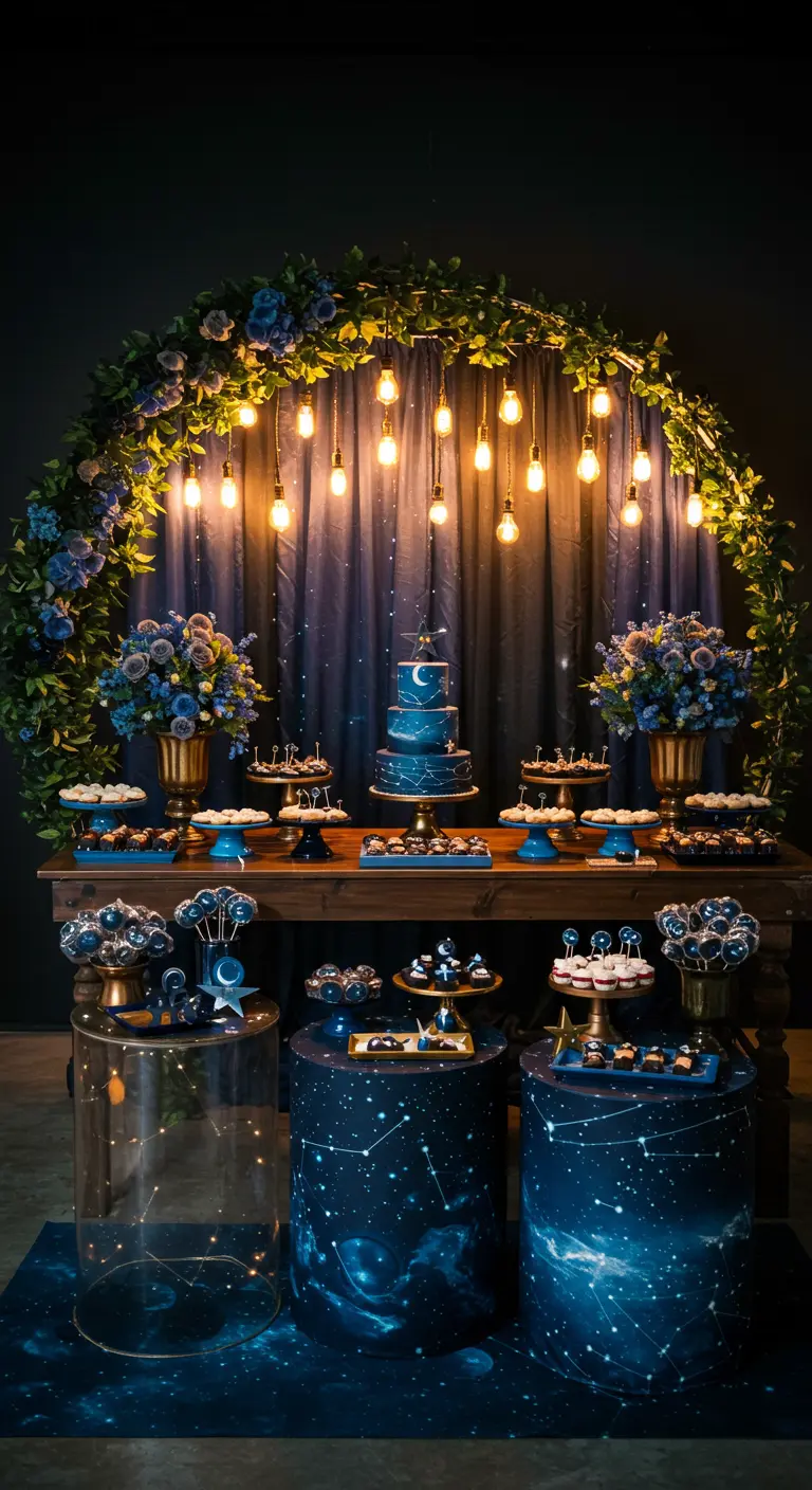 A celestial-themed dessert table with a blue cake, floral arch, and hanging Edison bulbs.