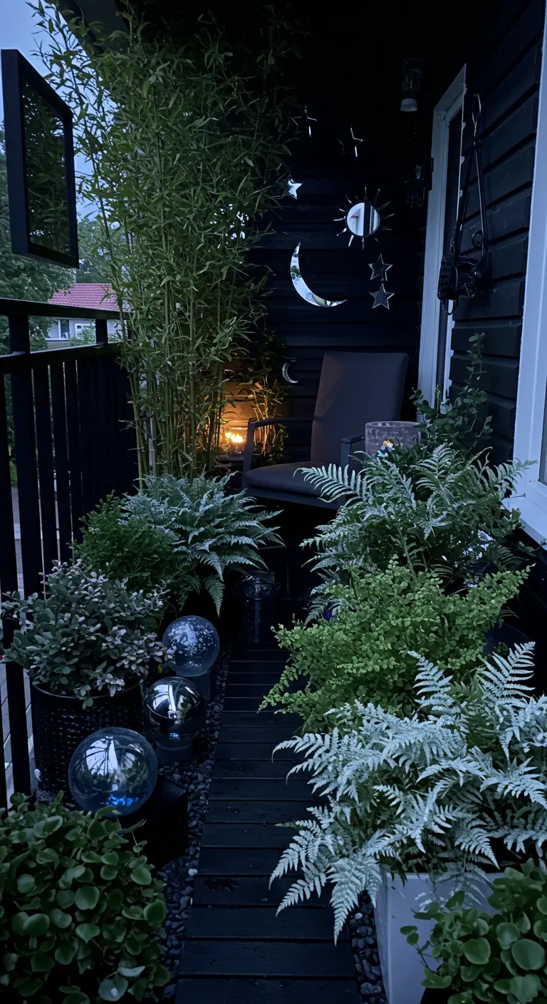 A dark, moody balcony at night with lush plants, gazing balls, and celestial moon and star decor.