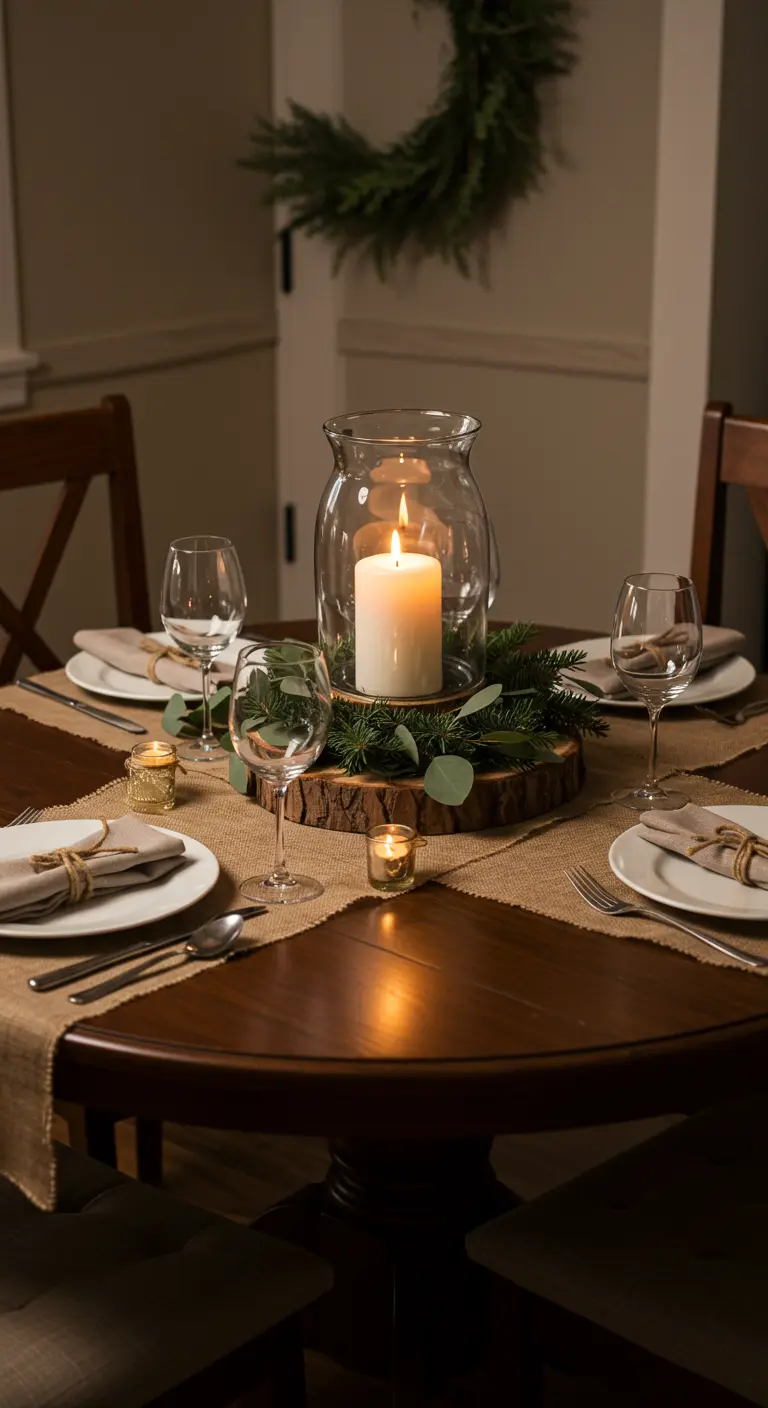 Elegant table setting with a large candle in a hurricane vase on a wood slice centerpiece.