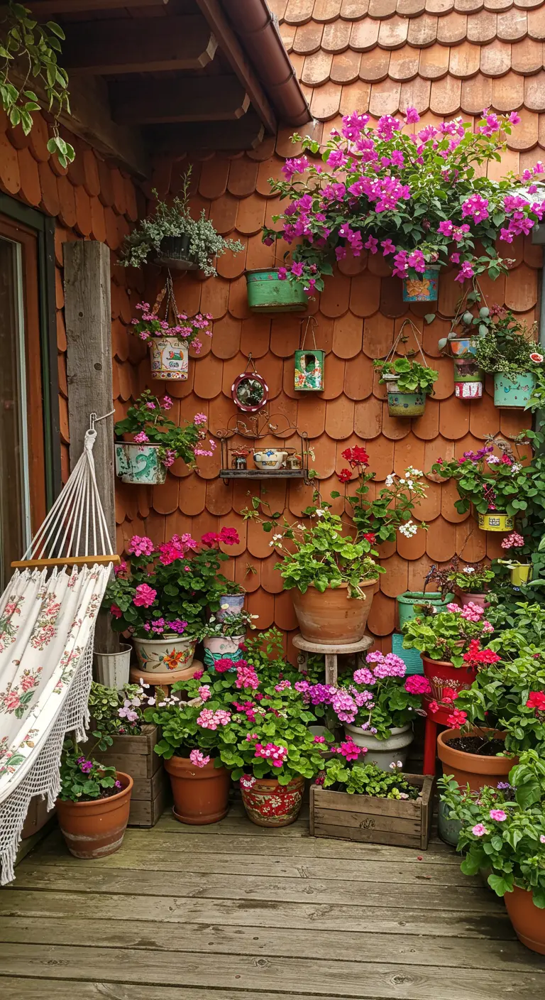 A rustic balcony with a shingled wall covered in many different colorful, hanging planters.