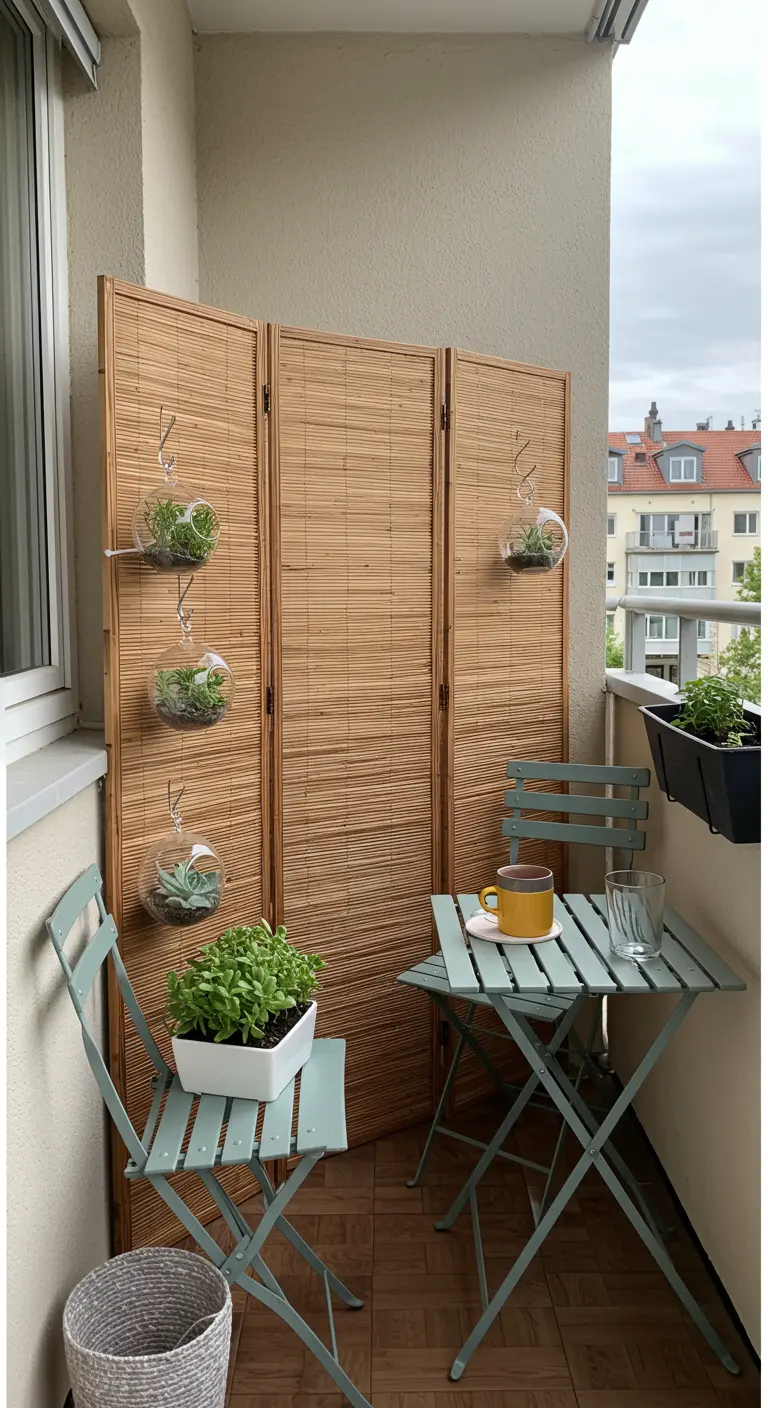 A small balcony with a folding bamboo screen, a small table and chairs, and hanging globes.