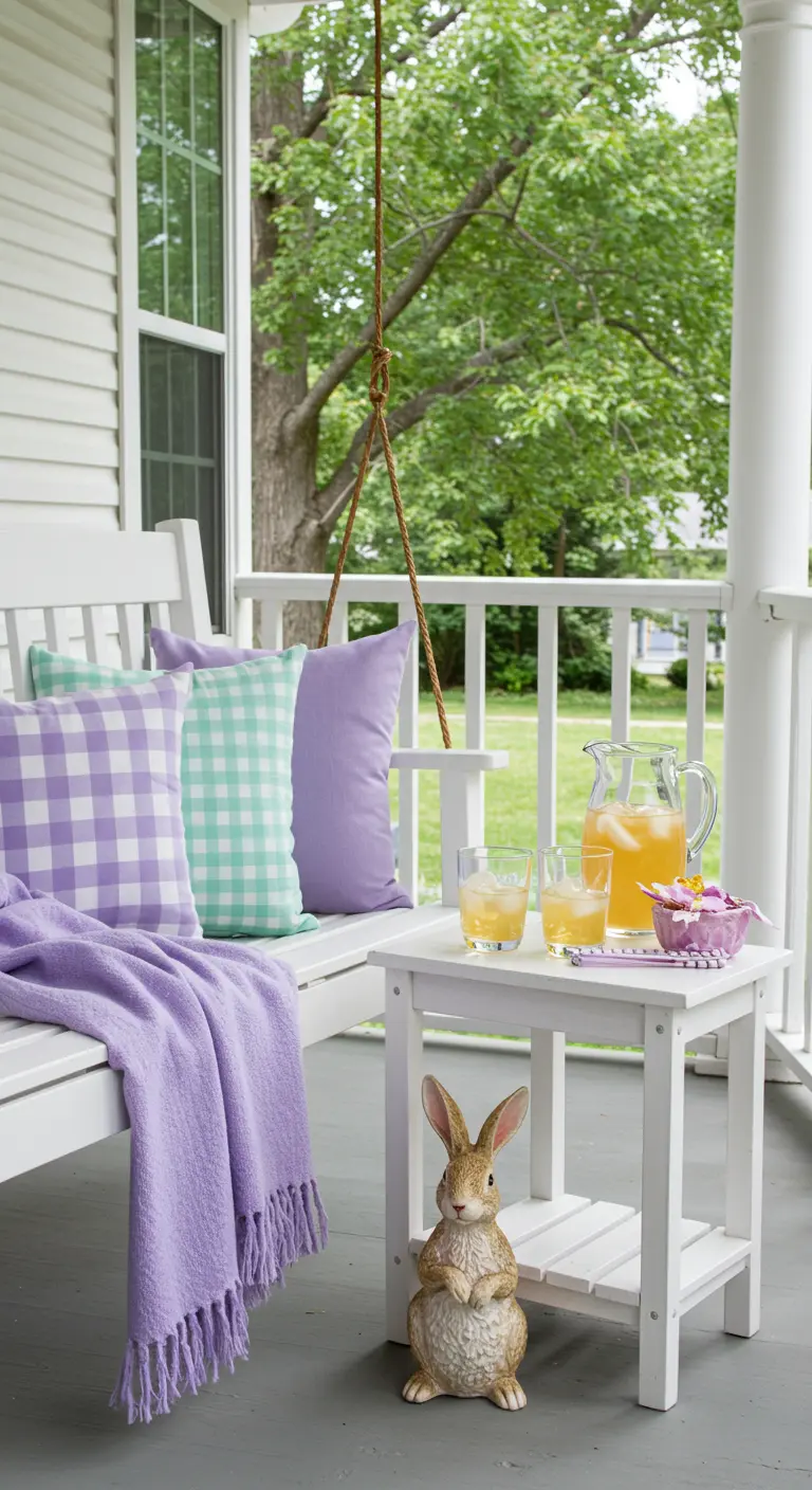 A white porch swing decorated with lavender and mint gingham pillows.