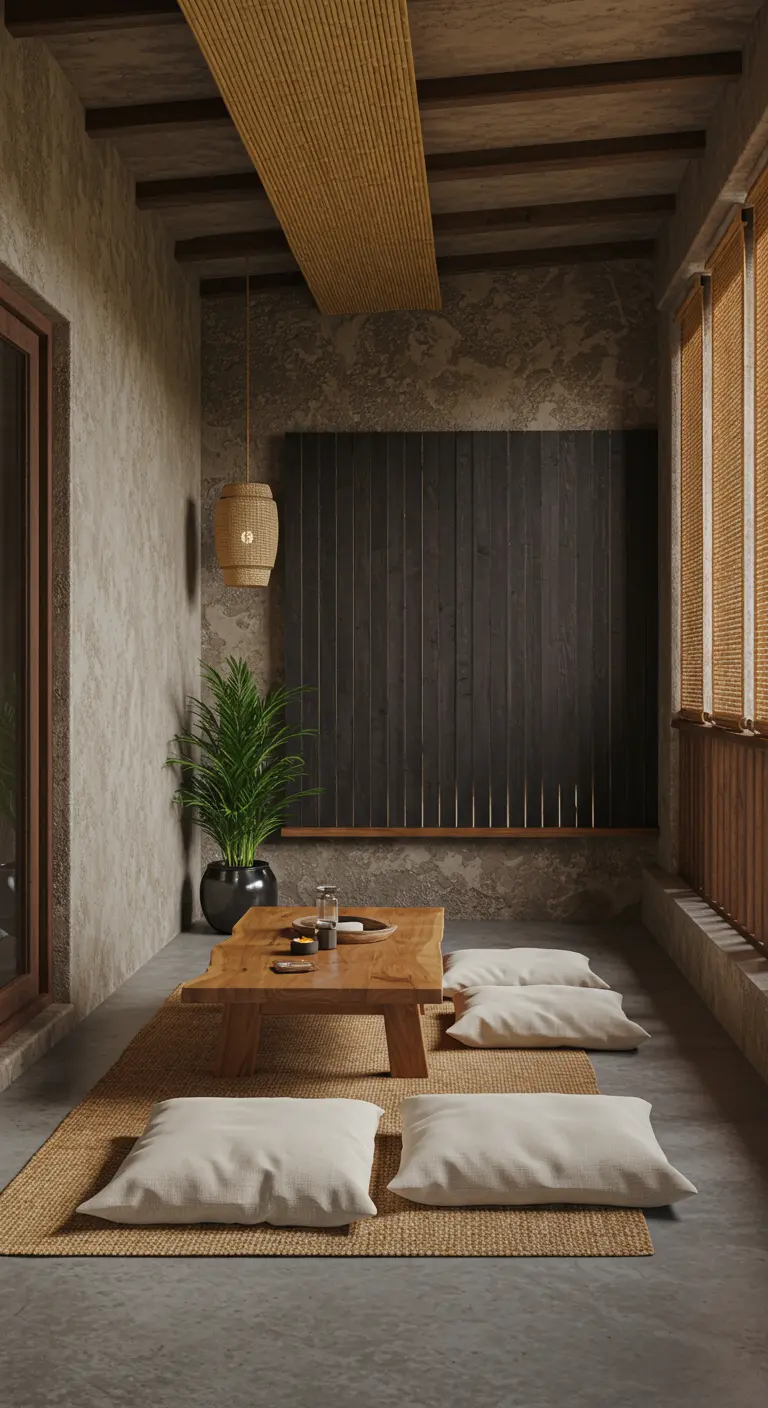 A balcony with a dark, vertical wood plank accent wall, a low table, and a jute rug.