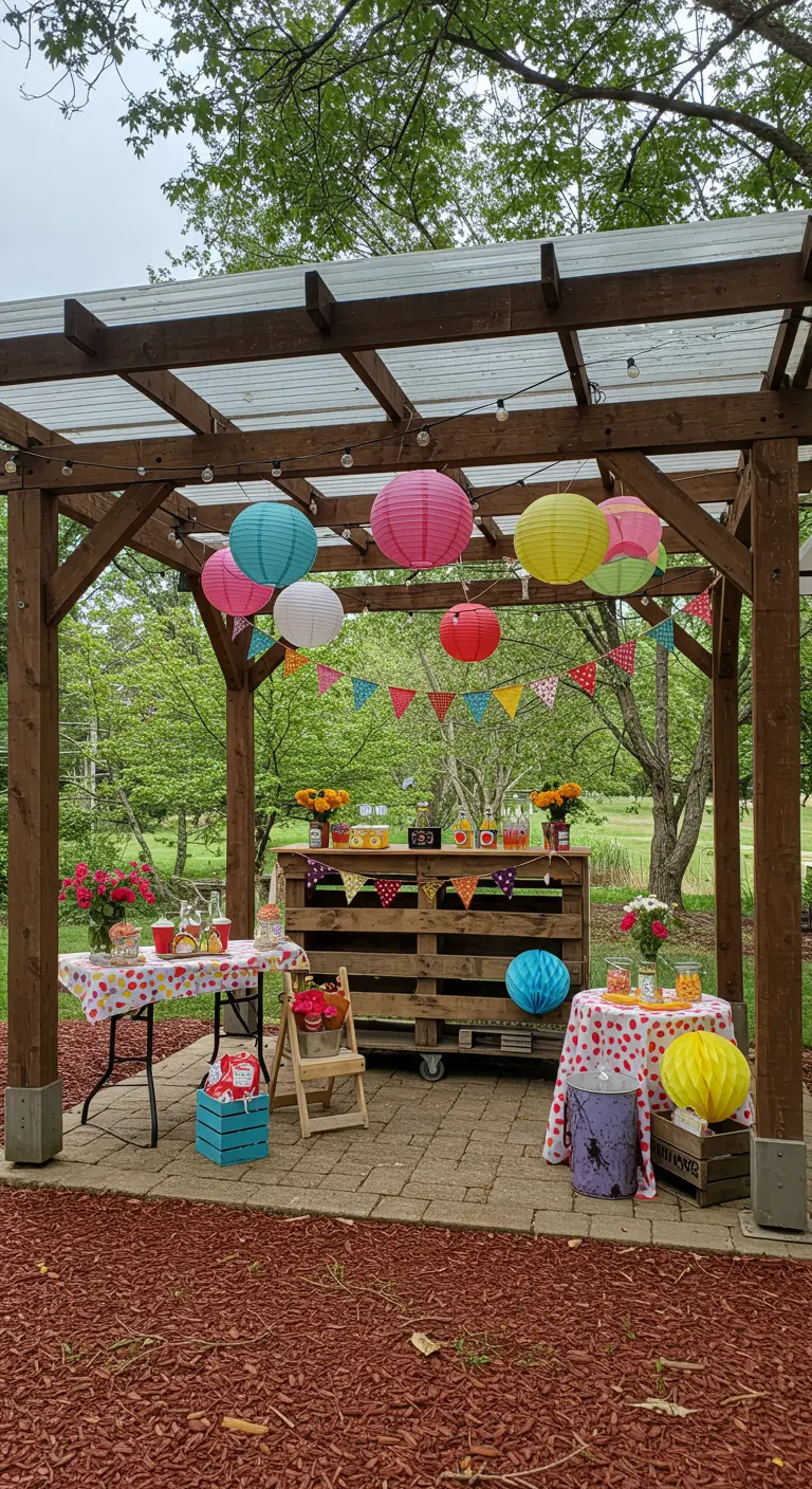 A pergola decorated for a party with colorful paper lanterns, a pallet bar, and festive tablecloths.
