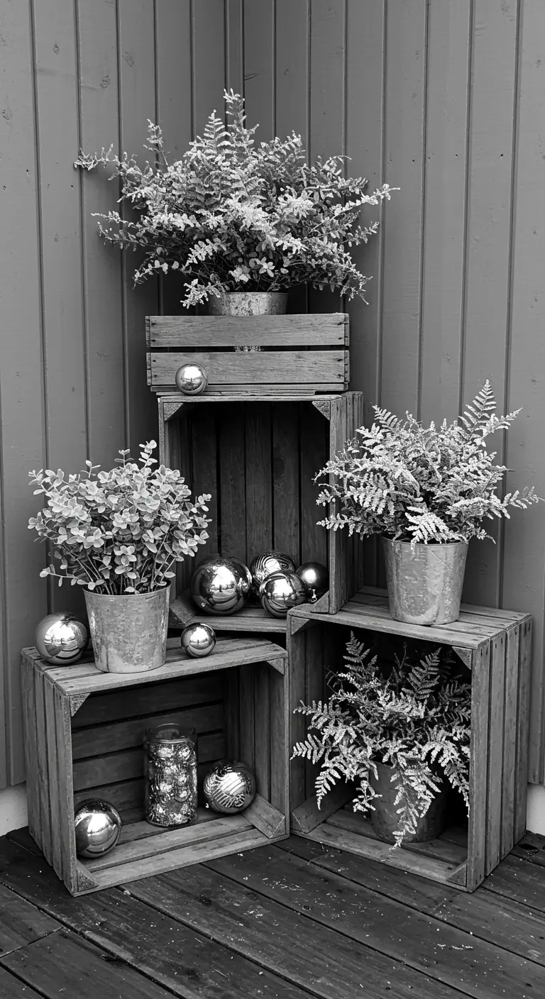 Stacked wooden crates holding potted ferns and silver baubles.