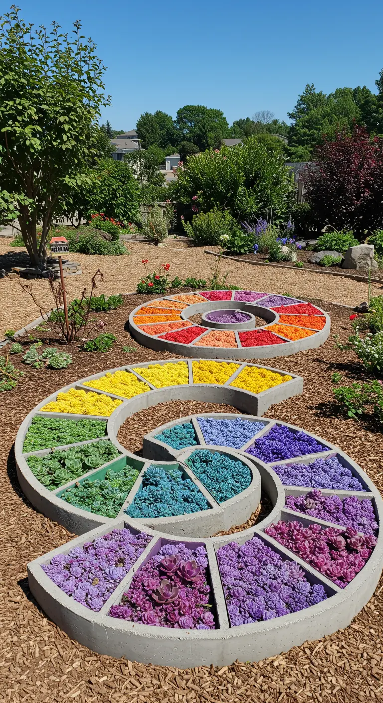 A large spiral-shaped concrete planter filled with succulents organized by color in a rainbow pattern.