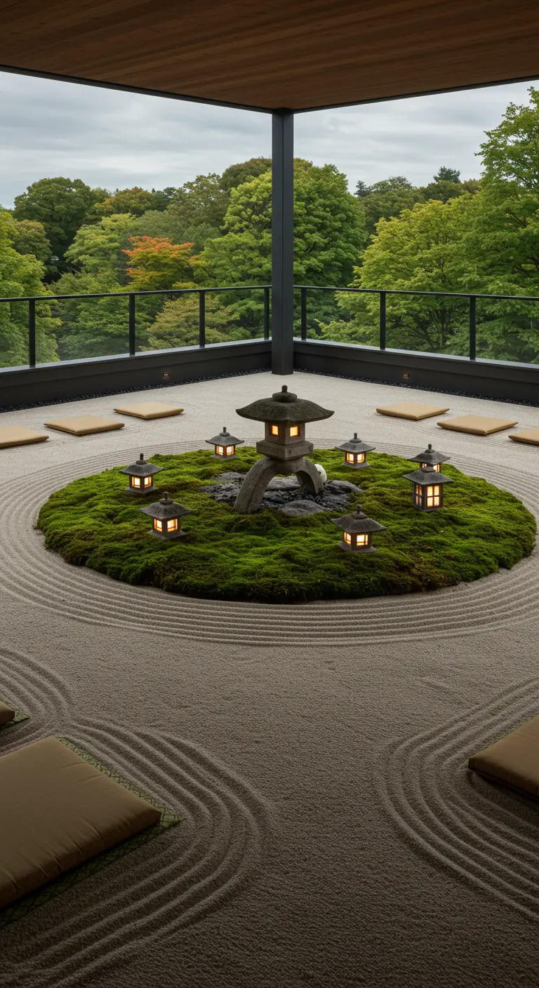 A Japanese Zen garden with raked sand, a stone lantern, and floor cushions.