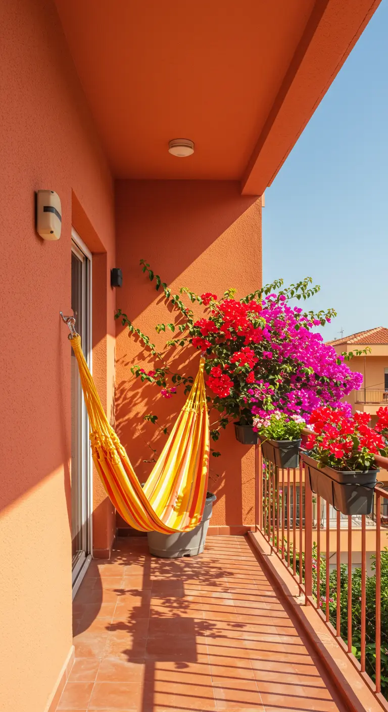A bright balcony with a striped yellow-and-orange hammock against an orange wall.