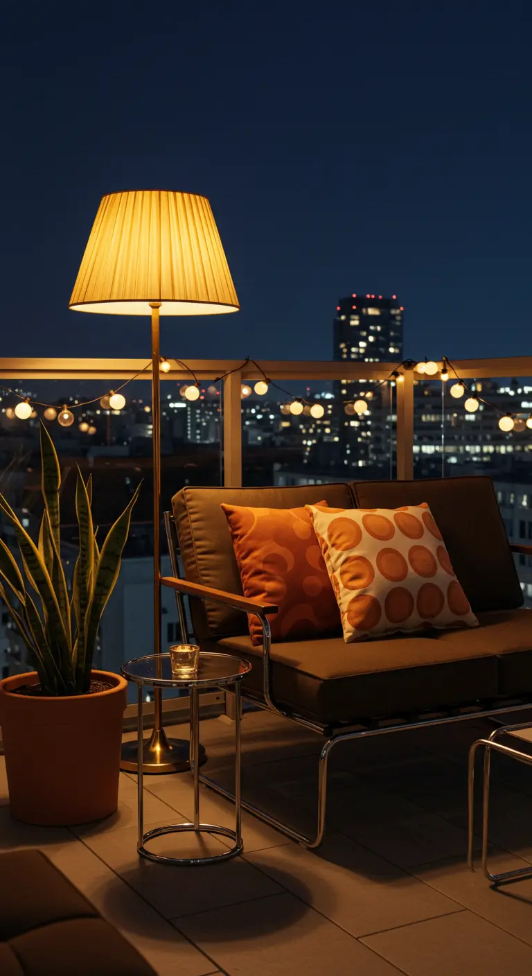 Modern balcony at night with a floor lamp, dark sofa, and retro orange pillows.