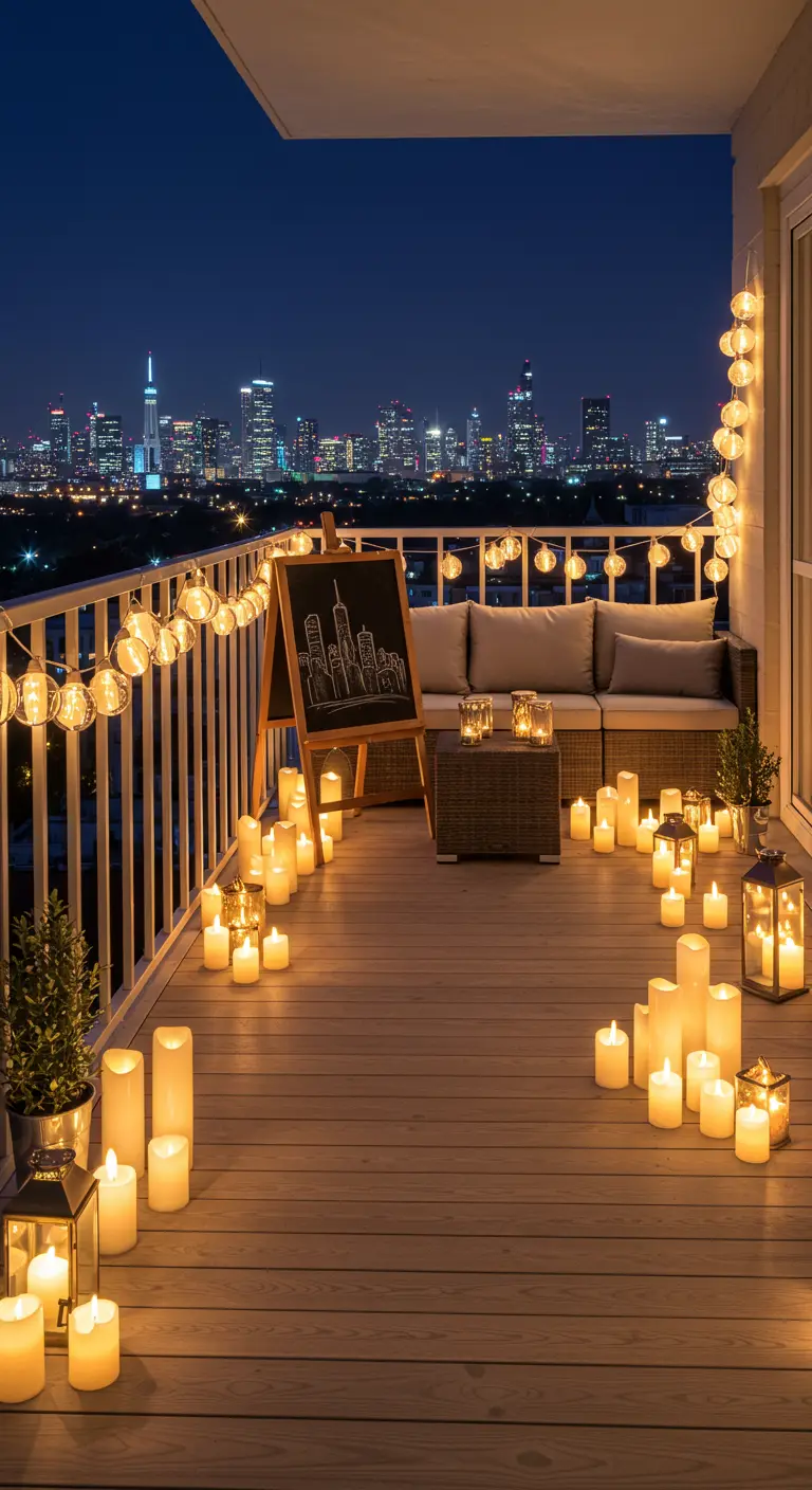 A high-rise balcony at night with a stunning city view, lit by dozens of candles and globe lights.
