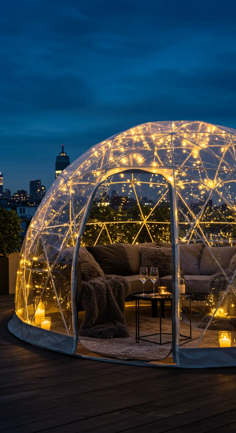 A transparent patio pod on a city rooftop at night, glowing with fairy lights.