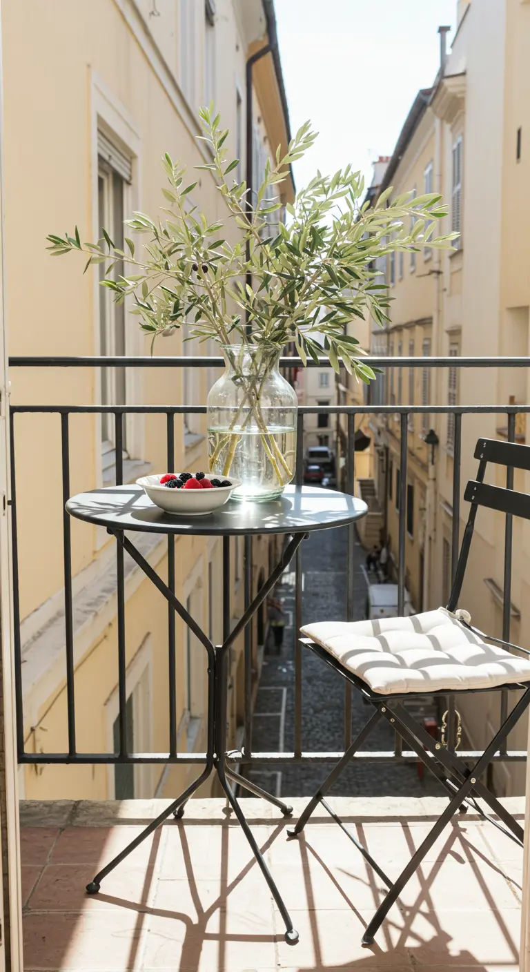 A black bistro table on a city balcony, with a vase of olive branches.