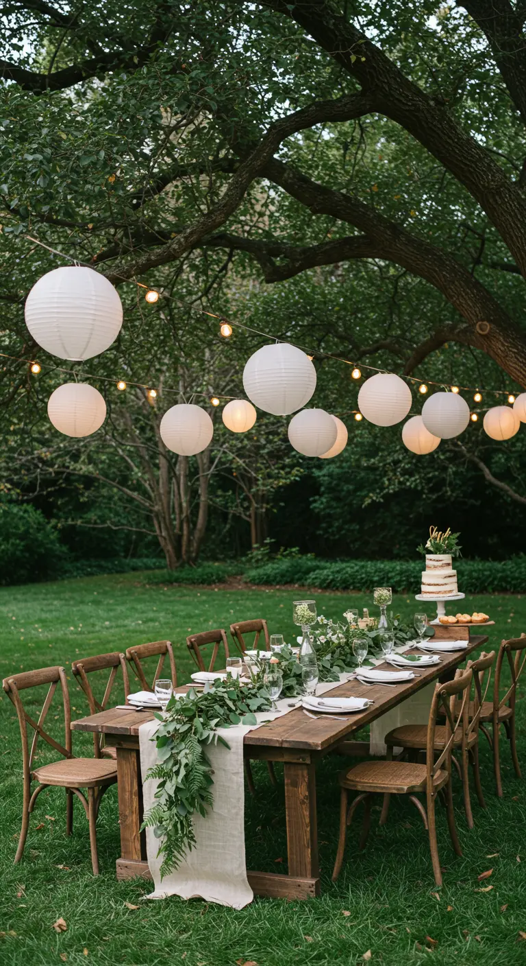 Long wooden table under a tree with white paper lanterns and a green garland.
