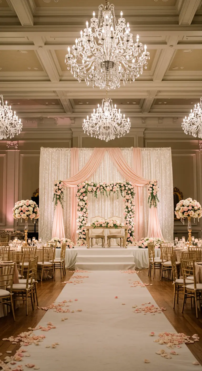 Grand ballroom with blush draping, floral arch, and petal-strewn aisle under chandeliers.