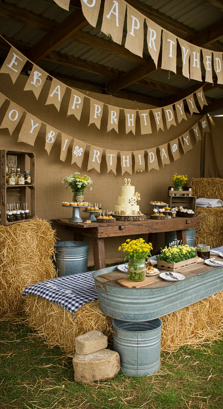 A rustic dessert table with a 'Happy Birthday' banner made of burlap hanging above it.