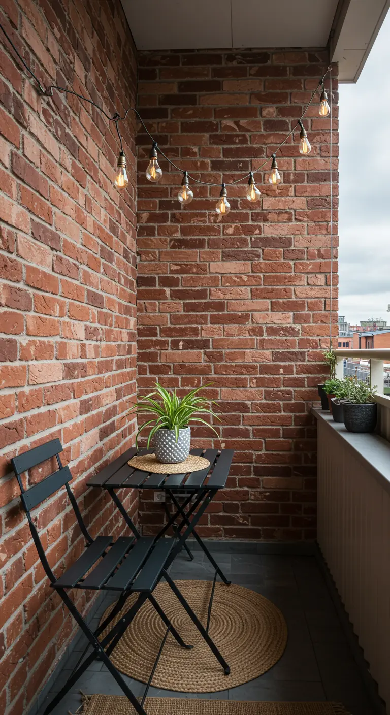 A small black bistro set on a balcony with a brick wall adorned with string lights.