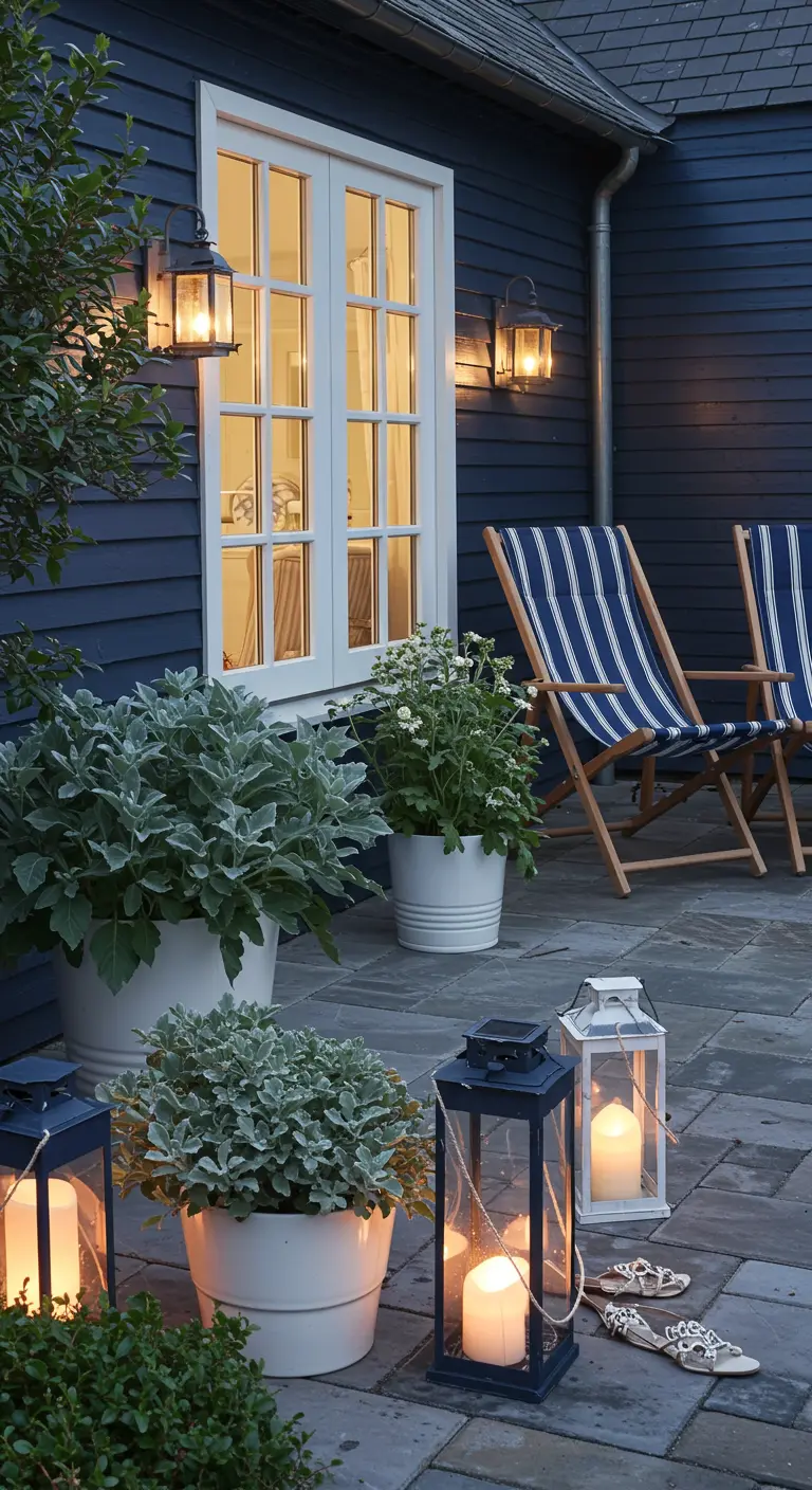 A stone patio with navy and white striped chairs and lanterns.