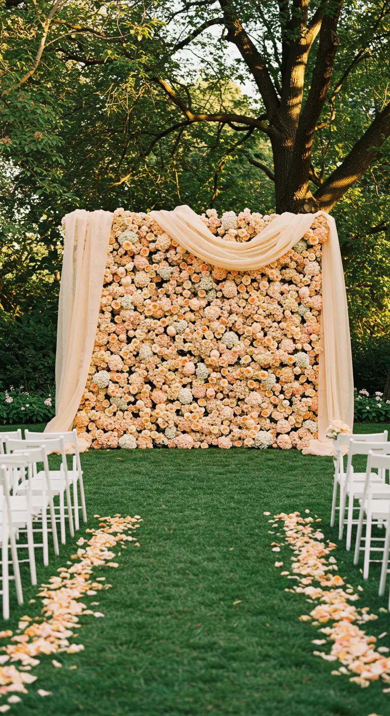 A dense flower wall of peach and cream roses with a soft peach tulle swag at an outdoor wedding.