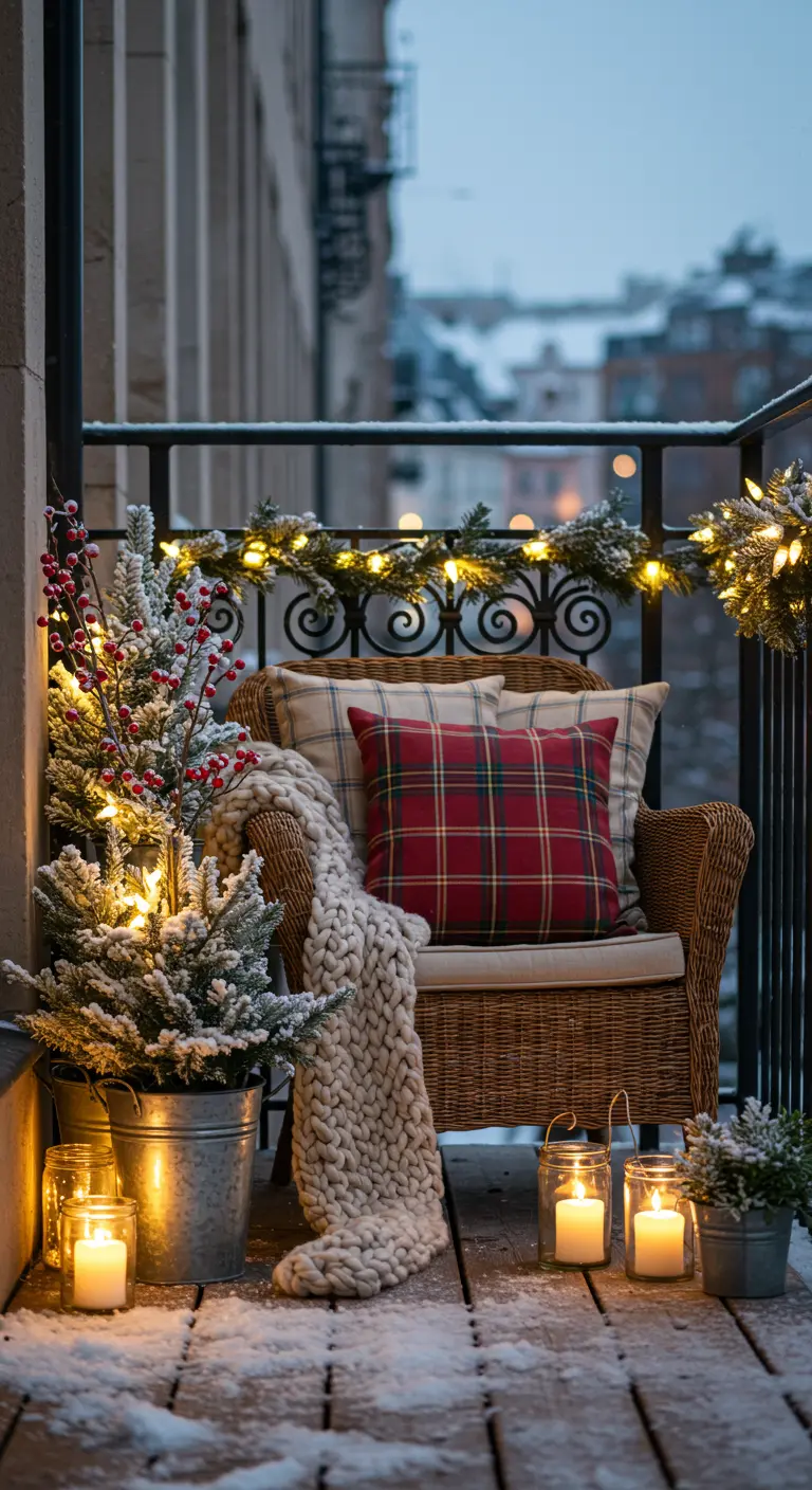 Cozy balcony corner with a wicker chair, red plaid pillow, chunky throw, and candles in the snow.