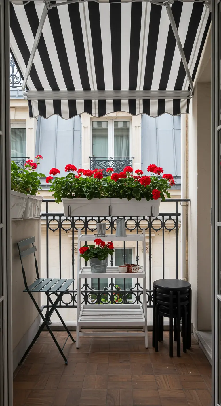 A classic Parisian balcony with a striped awning and bright red geraniums in a window box.