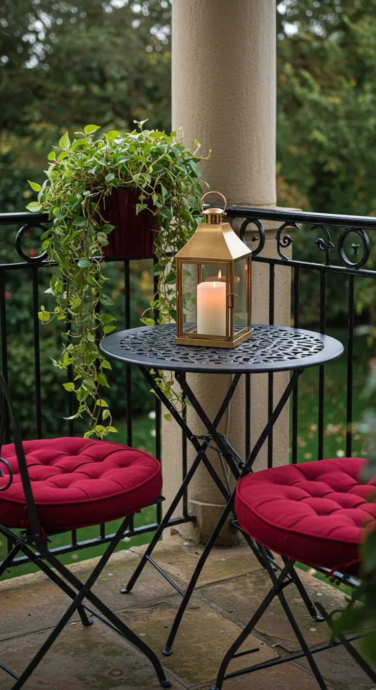 A black wrought-iron bistro set with plush, tufted ruby red cushions on a balcony.