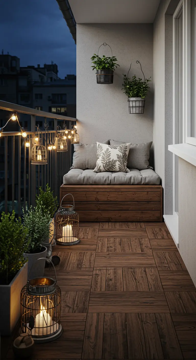 Small city balcony with a wooden storage bench, lanterns, and hanging plants.