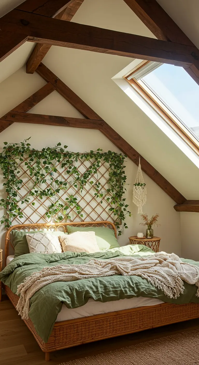 An attic bedroom with a rattan trellis covered in ivy behind the bed.