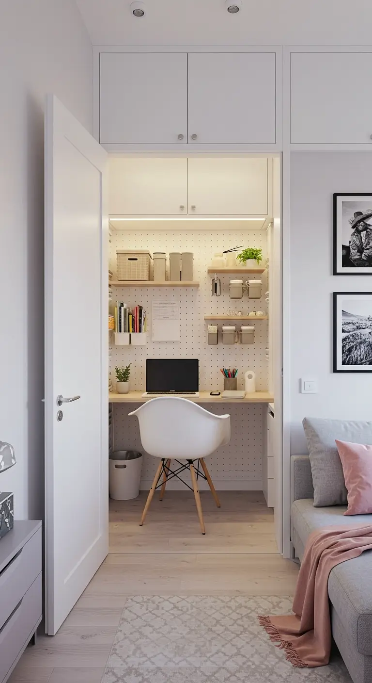 A compact office built inside a white closet, with a laptop, shelving, and integrated lighting.