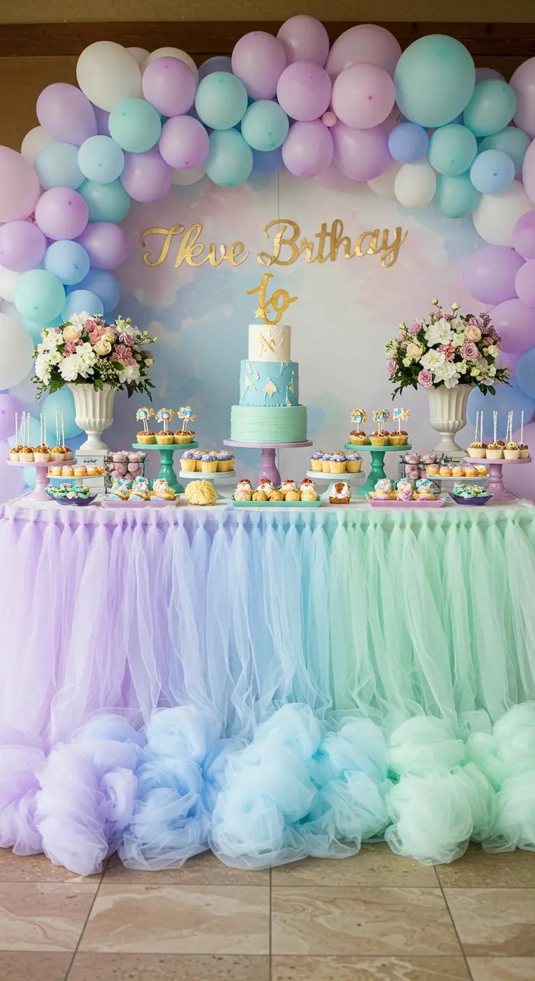 A dessert table with a fluffy, floor-length ombre tulle skirt.
