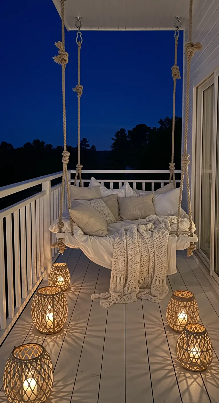 A white hanging daybed swing on a balcony, surrounded by woven lanterns on the floor.