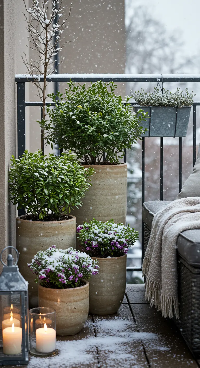 A cluster of sand-colored planters with various evergreens and heather on a snowy balcony.