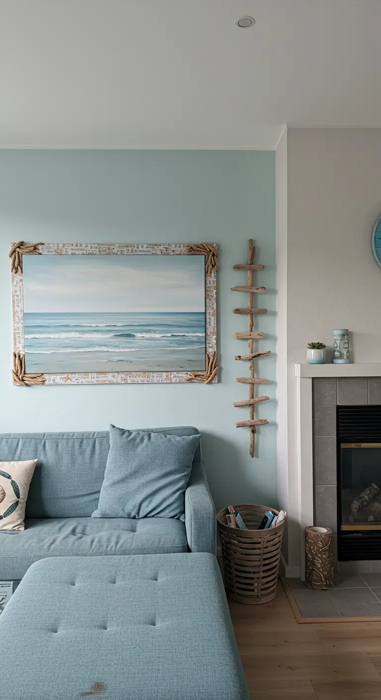 A seascape painting in a frame decorated with driftwood and rope, above a blue-gray sofa.