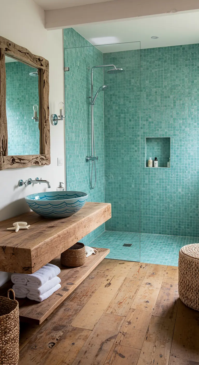 Walk-in shower with turquoise mosaic tiles and a driftwood-framed mirror over the vanity.