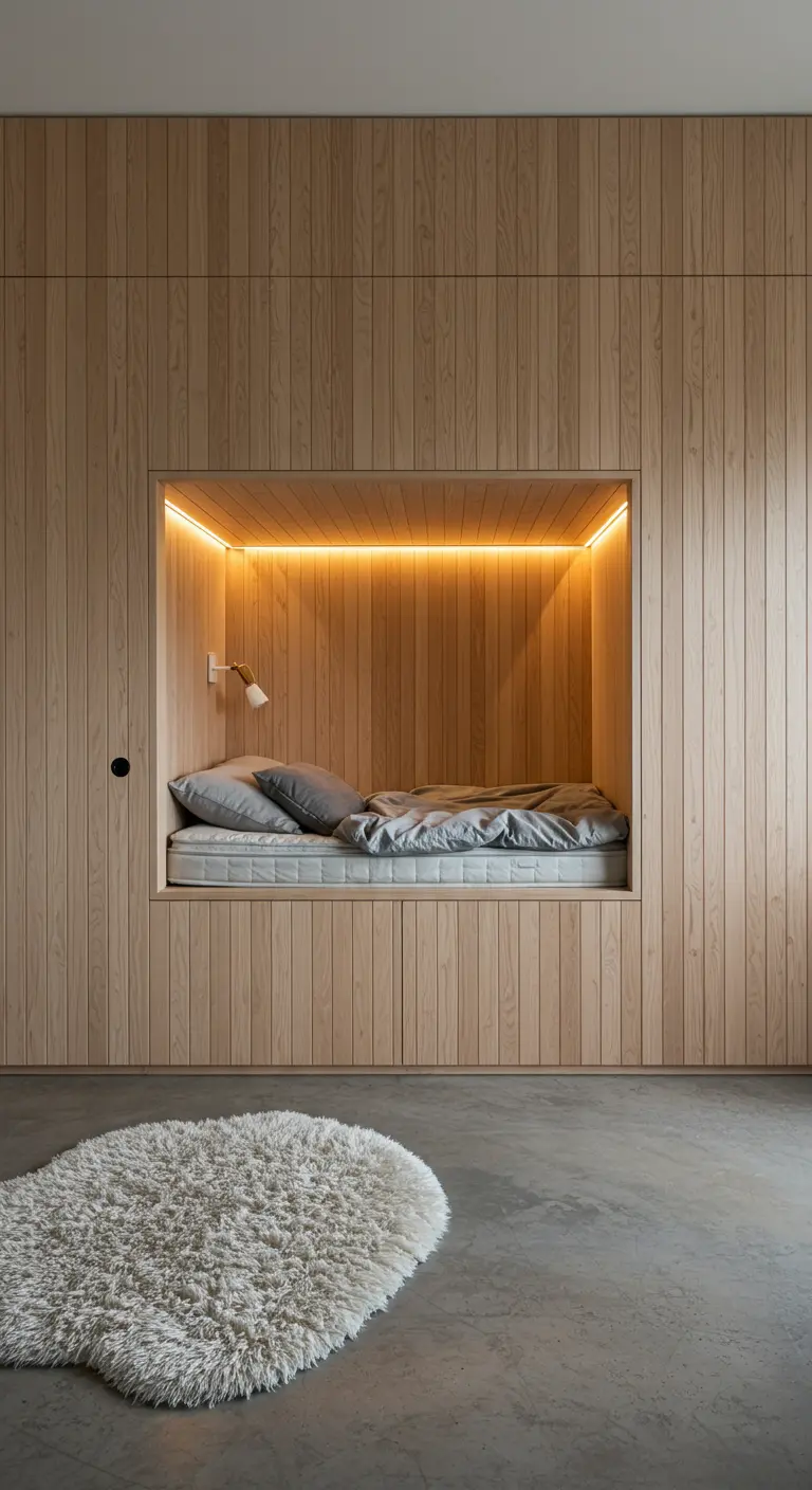 A sleeping nook built into a light wood paneled wall with integrated lighting.
